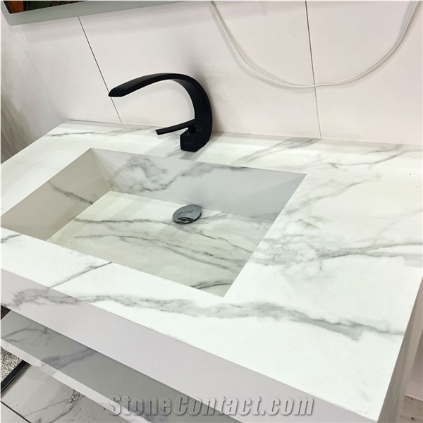 White Calacatta Sintered Stone Bathroom Vanity Top Cabinet