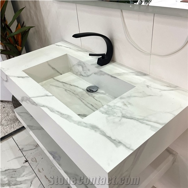 White Calacatta Sintered Stone Bathroom Vanity Top Cabinet