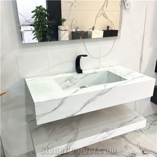 White Calacatta Sintered Stone Bathroom Vanity Top Cabinet