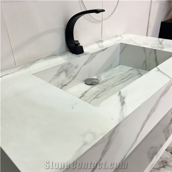 White Calacatta Sintered Stone Bathroom Vanity Top Cabinet