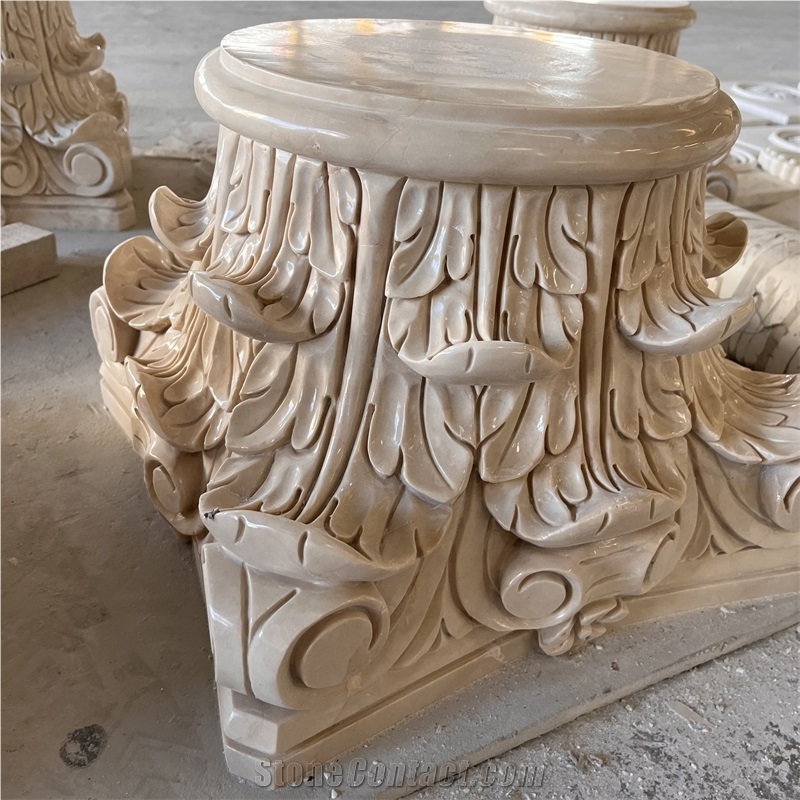 Customize Design Beige Marble Hand Carved Column Capital