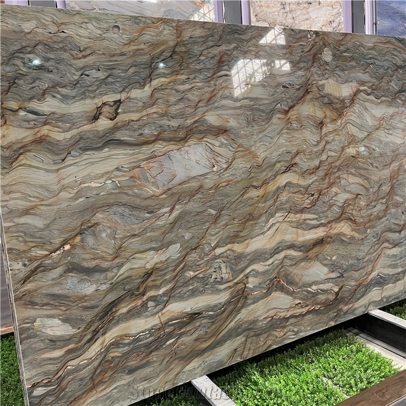 Luxury Golden Silk Quartzite Slab For Hotel Home Wall Decor