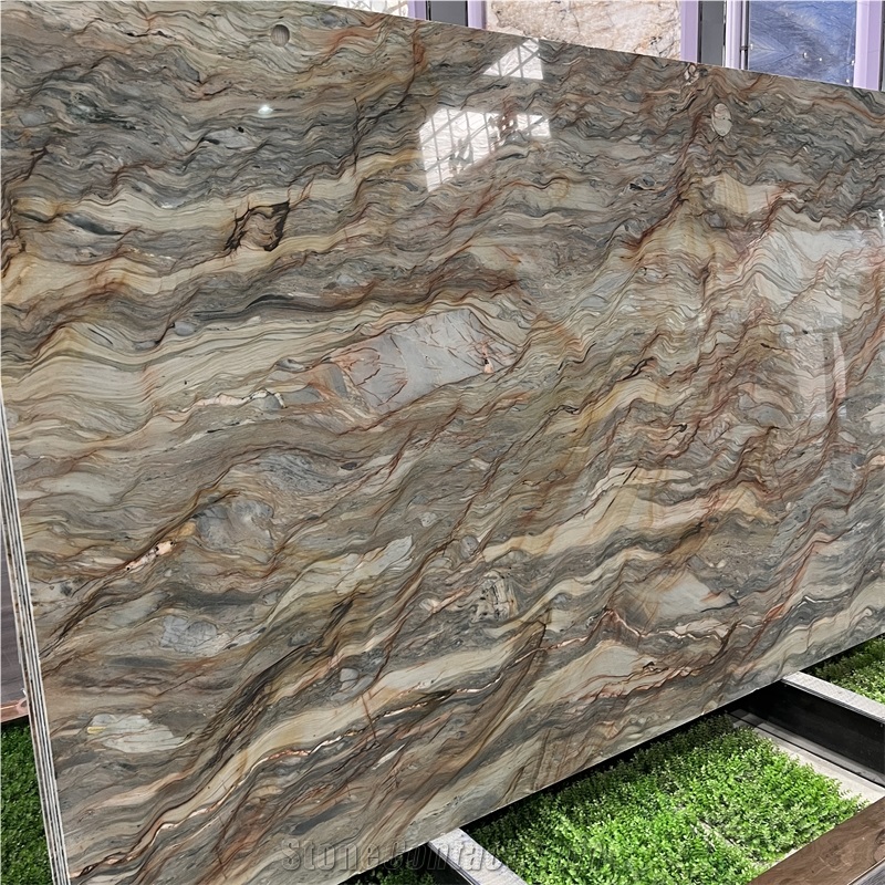Luxury Golden Silk Quartzite Slab For Hotel Home Wall Decor