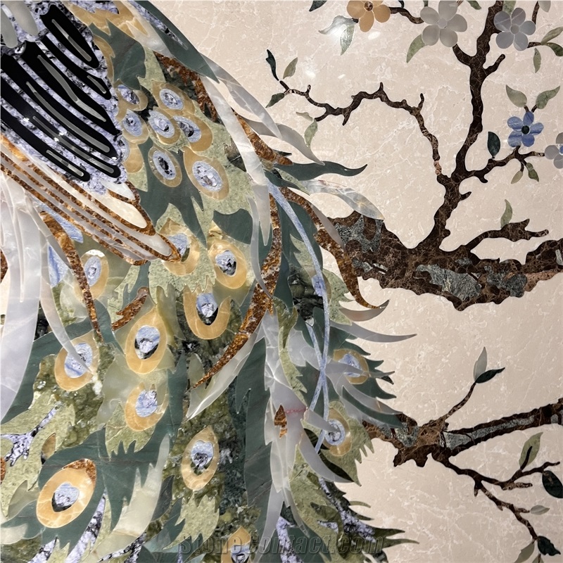 Marble Waterjet Inlay Peacock Pattern For Wall Design