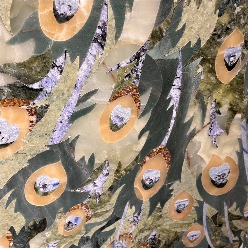 Marble Waterjet Inlay Peacock Pattern For Wall Design
