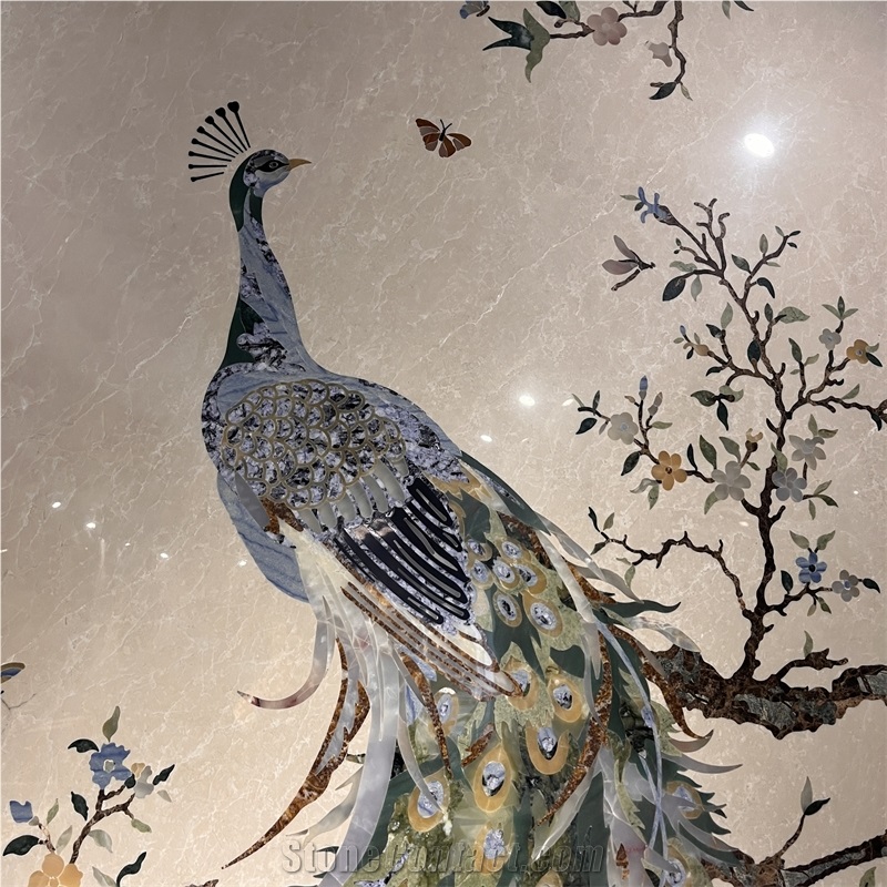 Marble Waterjet Inlay Peacock Pattern For Wall Design