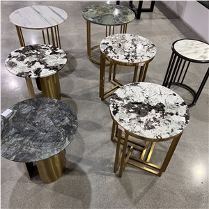 Snow Mountain Granite Coffee Table With Stainless Steel Base