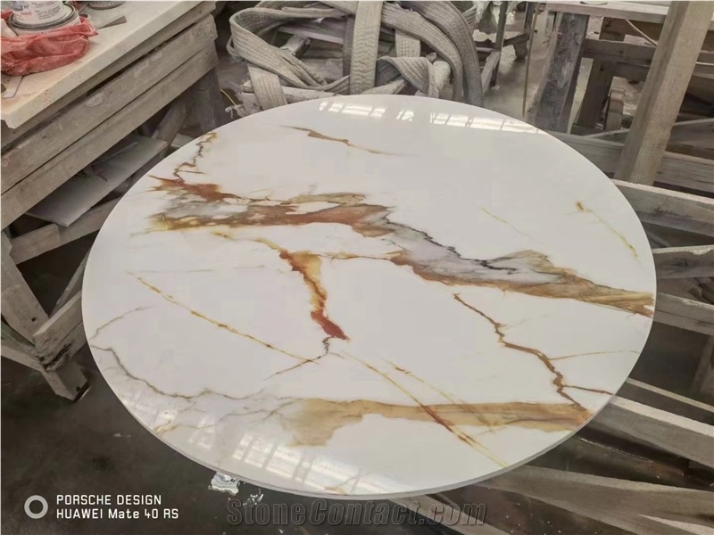 Calacatta Nano Glass Stone Round Coffee Table Tops Solid Surface
