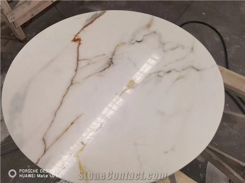 Calacatta Nano Glass Stone Round Coffee Table Tops Solid Surface
