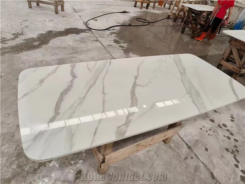 Calacatta Nano Glass Stone Round Coffee Table Tops Solid Surface