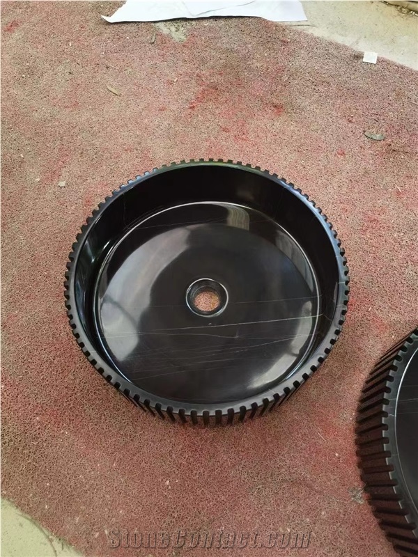 Fluted Sahara Noir Marble Bathroom Round Basin Counter Sink
