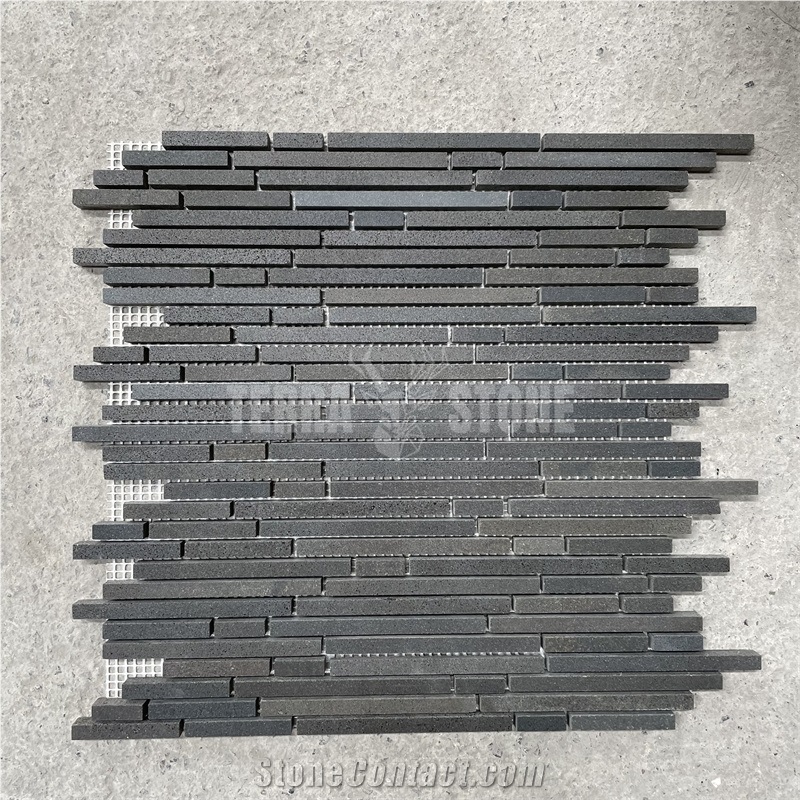 Basalt Black Stone Mosaic Random Strips Bathroom Wall Tiles