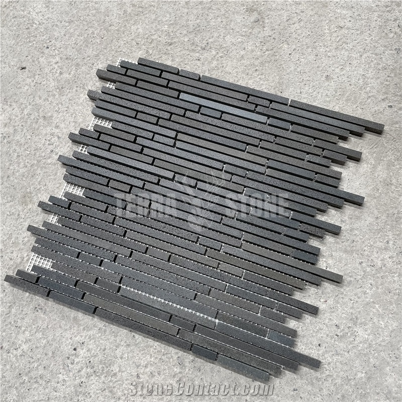 Basalt Black Stone Mosaic Random Strips Bathroom Wall Tiles