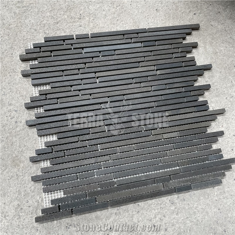 Basalt Black Stone Mosaic Random Strips Bathroom Wall Tiles