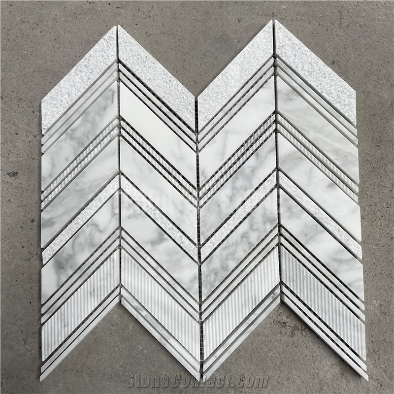 Carrara White Marble Chevron Mosaic Textured Tiles