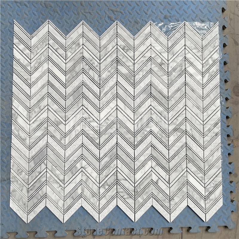 Carrara White Marble Chevron Mosaic Textured Tiles