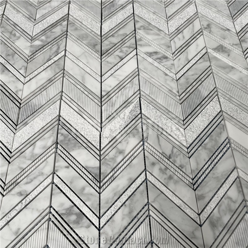 Carrara White Marble Chevron Mosaic Textured Tiles