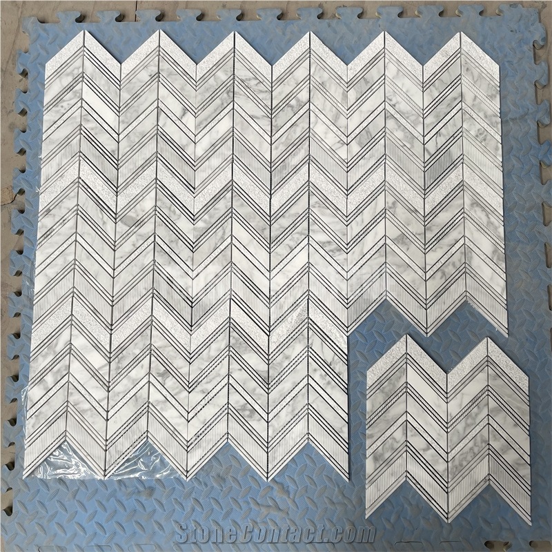 Carrara White Marble Chevron Mosaic Textured Tiles