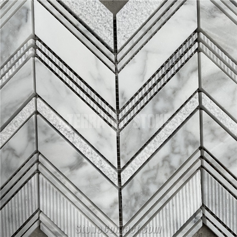 Carrara White Marble Chevron Mosaic Textured Tiles