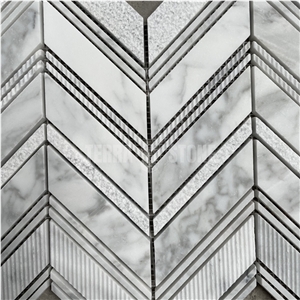 Carrara White Marble Chevron Mosaic Textured Tiles