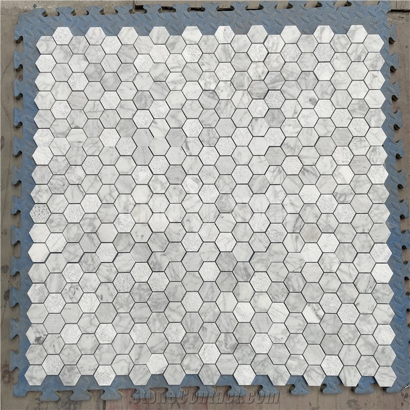 Carrara White Marble Mosaic Hexagon Tile Textured Surface