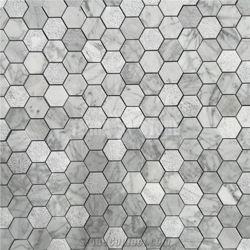 Carrara White Marble Mosaic Hexagon Tile Textured Surface