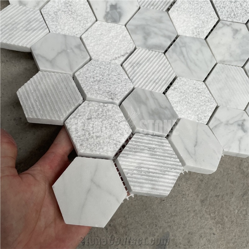 Carrara White Marble Mosaic Hexagon Tile Textured Surface