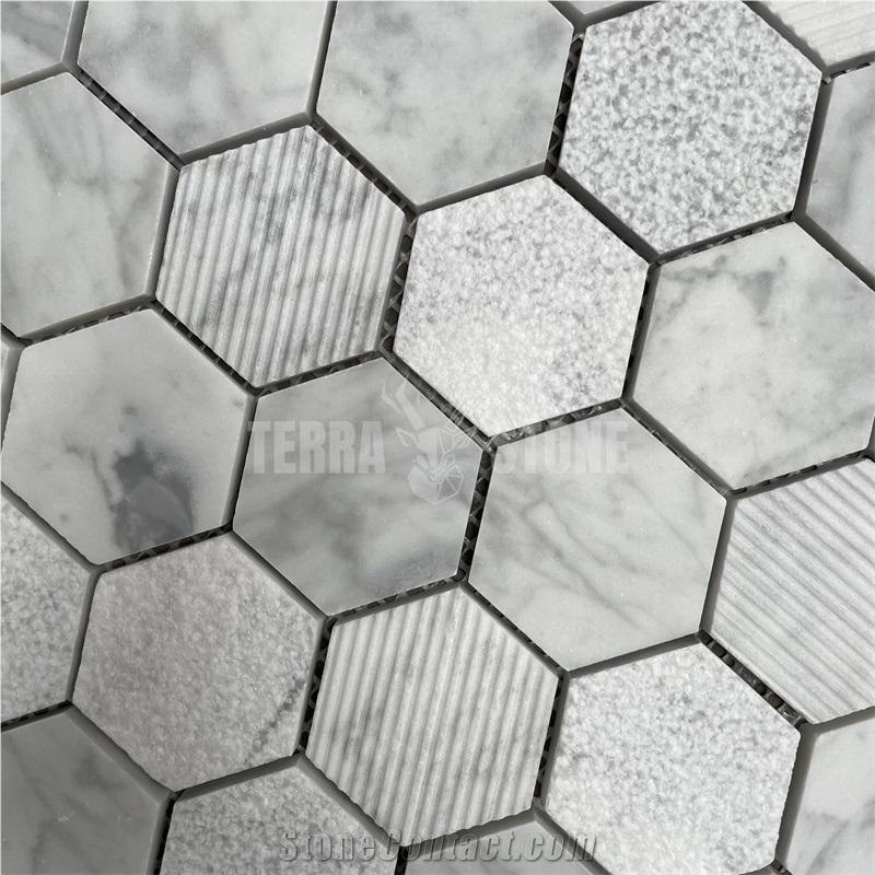 Carrara White Marble Mosaic Hexagon Tile Textured Surface