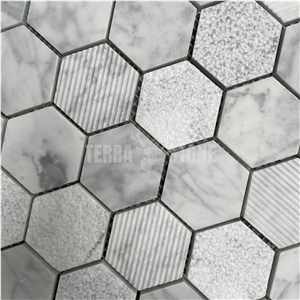 Carrara White Marble Mosaic Hexagon Tile Textured Surface