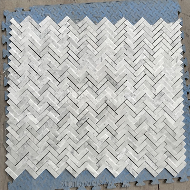 Herringbone 1"X3" Bianco Carrara White Marble Mosaic Tiles