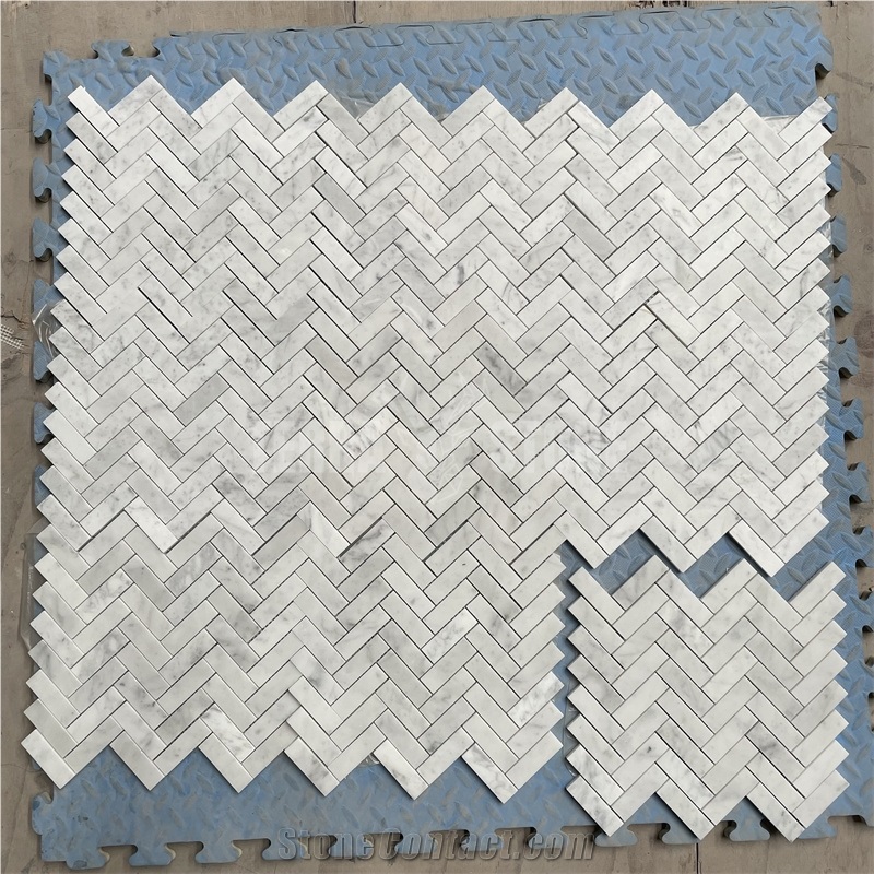 Herringbone 1"X3" Bianco Carrara White Marble Mosaic Tiles