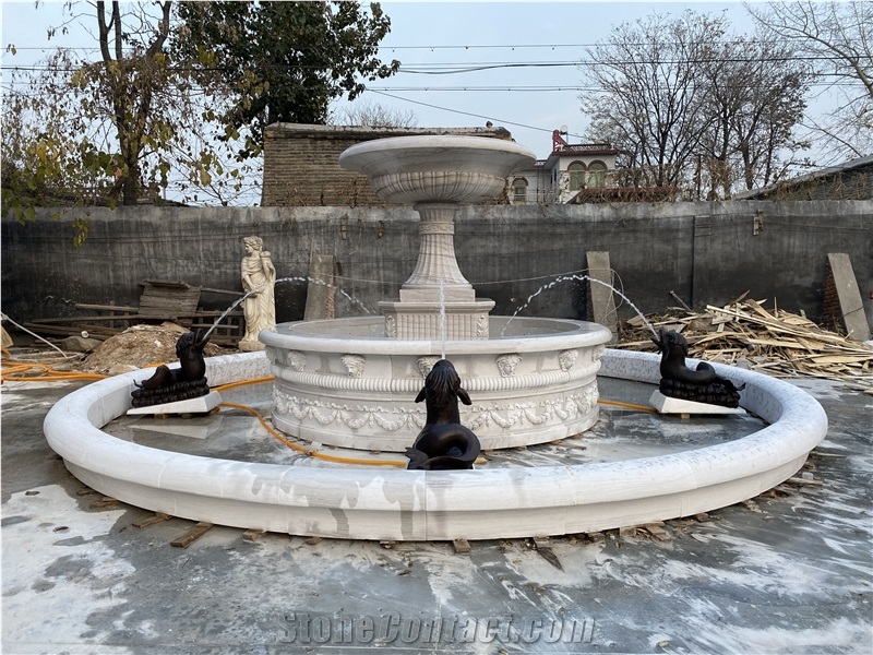 Bronze Fish Carving White Marble Garden  Water Fountain