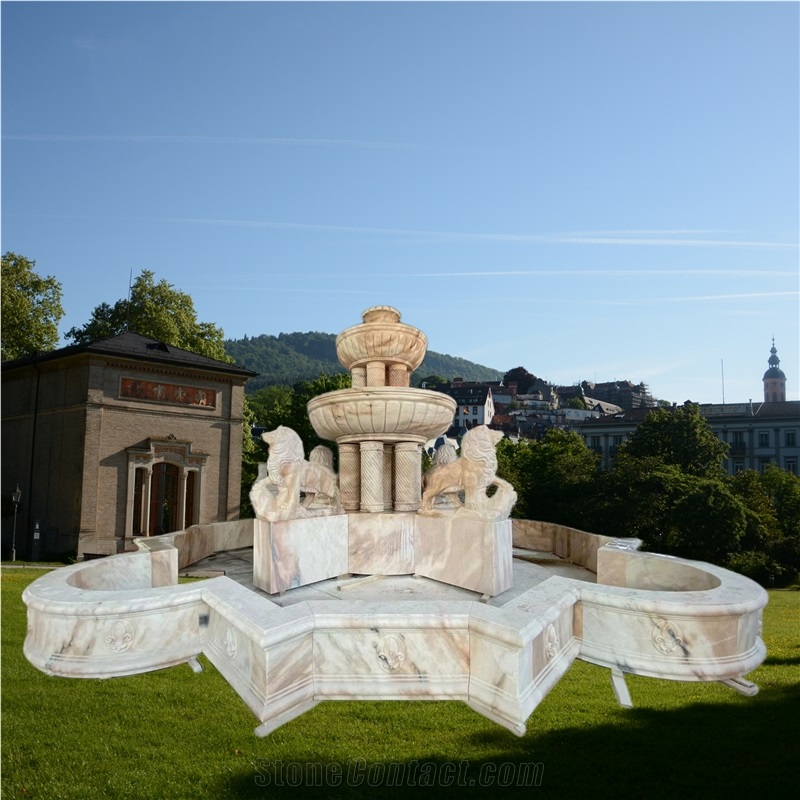 Red Marble Carving Lion Scupture Garden Water Fountain