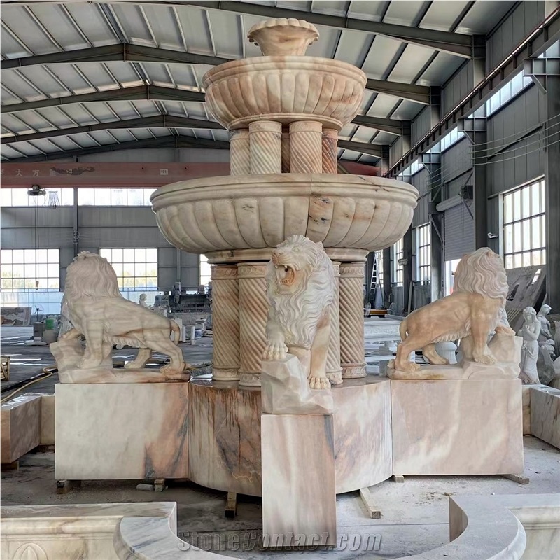 Red Marble Carving Lion Scupture Garden Water Fountain