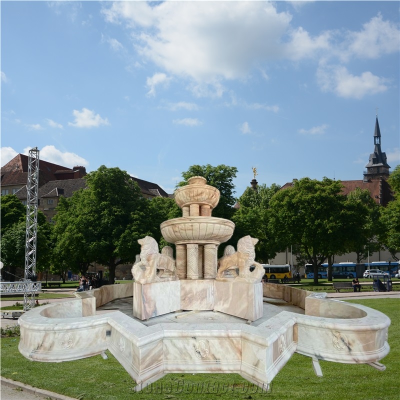 Red Marble Carving Lion Scupture Garden Water Fountain