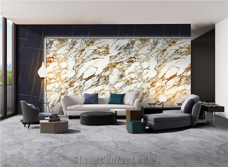 1600*3200MM  GLOSSY ITALIAN GOLDEN  WHITE  PORCELAIN SLAB