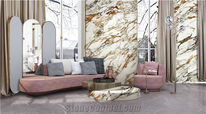 1600*3200MM  GLOSSY ITALIAN GOLDEN  WHITE  PORCELAIN SLAB