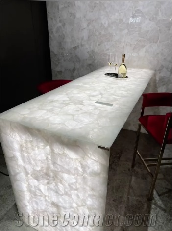 White Quartz Crystal Semiprecious Stone Slab, Gemstone Slab