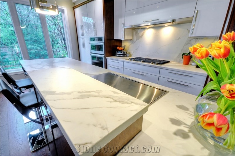 White Calacatta Polished Kitchen Countertop