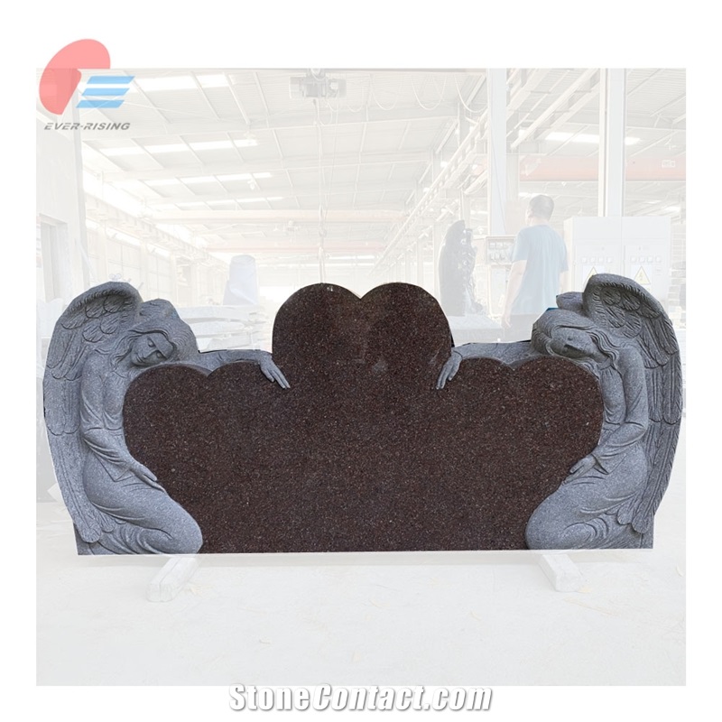 China Red Triple Heart Headstone With Double Angel Carving