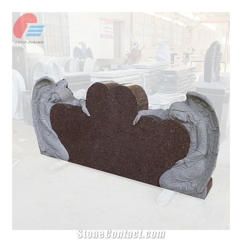 China Red Triple Heart Headstone With Double Angel Carving
