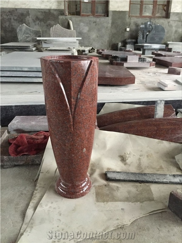 Indian Red Tombstone Carving Monument With Memorial Vase