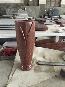 Indian Red Tombstone Carving Monument With Memorial Vase