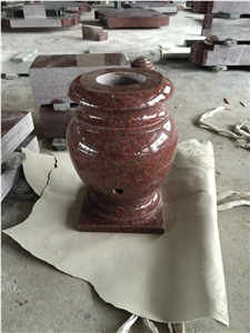 Indian Red Tombstone Carving Monument With Memorial Vase