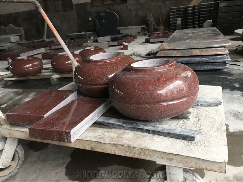 Indian Red Tombstone Carving Monument With Memorial Vase