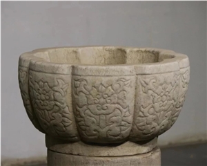 Hand Carved Grey Granite Natural Stone Flower Pot Planter