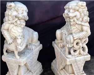 Natural Stone Lion Statue White Marble Guardian Lions Sculpture