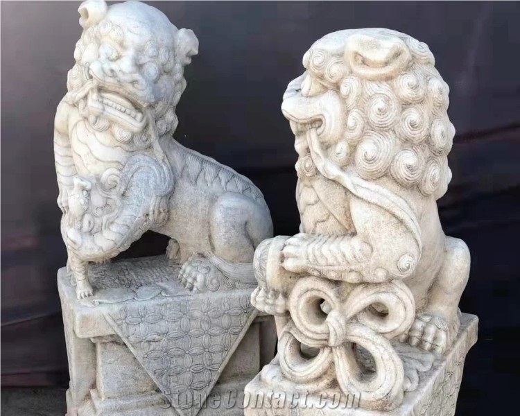 Natural Stone Lion Statue White Marble Guardian Lions Sculpture