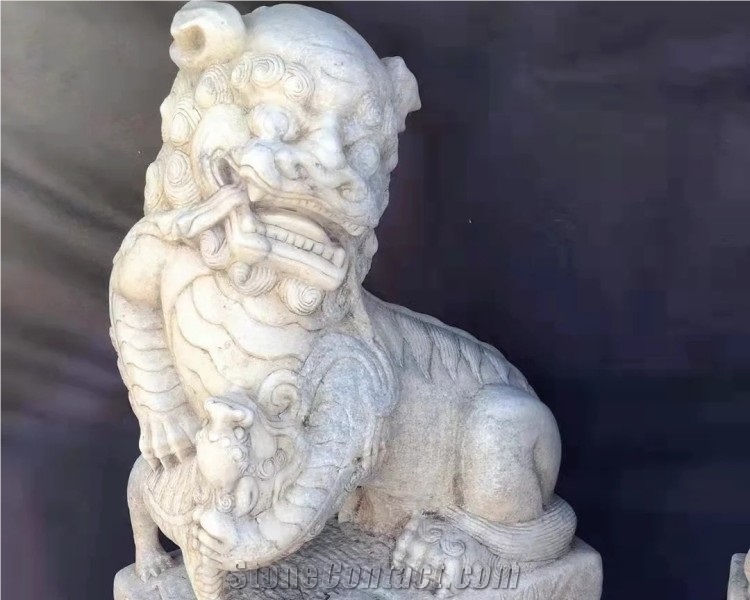 Natural Stone Lion Statue White Marble Guardian Lions Sculpture