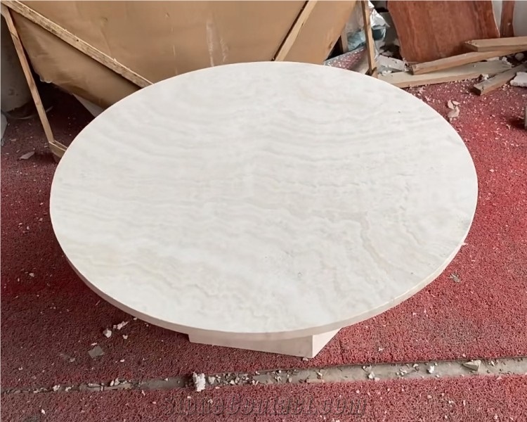 Round Natural Stone Dining Table Beige Travertine Coffee Table